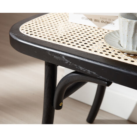 Dining Bench in Rattan Wood Rustic Ottoman Bench Seat Bench Footstool for Kitchen Living Room Entryway, Black, Wahson