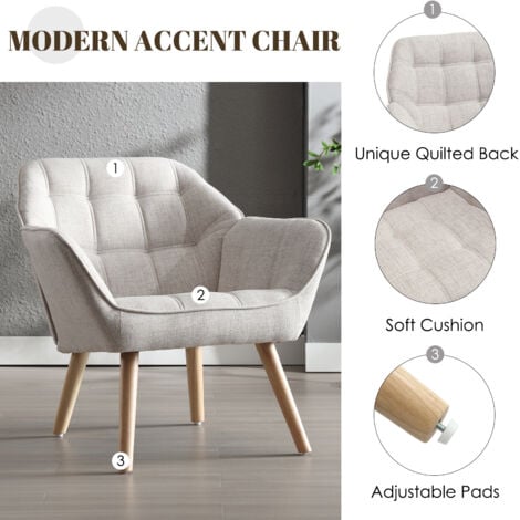 Armchair in Linen Upholstered Comfortable Modern Occasional Tub Chair with Wood Legs for Bedroom Living Room, Beige, Wahson
