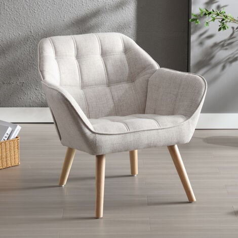 Armchair in Linen Upholstered Comfortable Modern Occasional Tub Chair with Wood Legs for Bedroom Living Room, Beige, Wahson