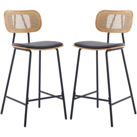 Bar Stools Set of 2 in Rattan Counter Chairs with Metal Legs Breakfast High Stools for Home Bar Kitchen Dining Room, Black, Wahson