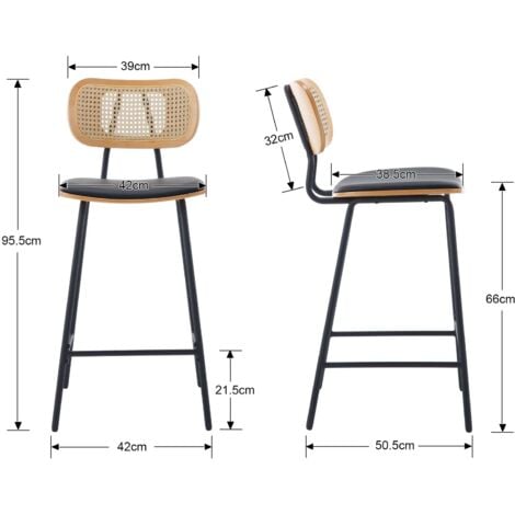 Bar Stools Set of 2 in Rattan Counter Chairs with Metal Legs Breakfast High Stools for Home Bar Kitchen Dining Room, Black, Wahson