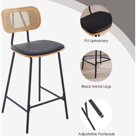 Bar Stools Set of 2 in Rattan Counter Chairs with Metal Legs Breakfast High Stools for Home Bar Kitchen Dining Room, Black, Wahson