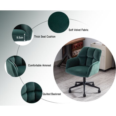 Office Chair in Velvet Upholstered Height Adjustable Modern Swivel Desk Chair with Wheels for Home Office, Green, Wahson