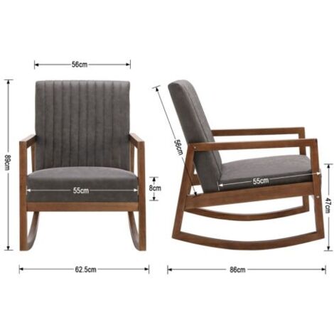Rocking Chair in PU Leather Accent Retro Armchair Leisure Padded with Solid Wood Legs for Living Room Bedroom Balcony, Grey, Wahson