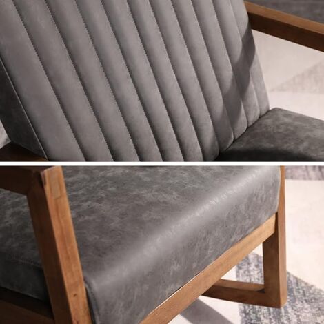Rocking Chair in PU Leather Accent Retro Armchair Leisure Padded with Solid Wood Legs for Living Room Bedroom Balcony, Grey, Wahson