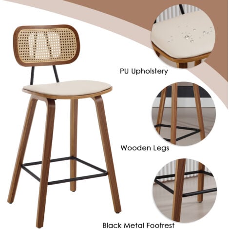Bar Stools Set of 2 in Rattan Modern Counter Chairs with Wood Legs for Home Bar Kitchen Restaurant, Beige, Wahson