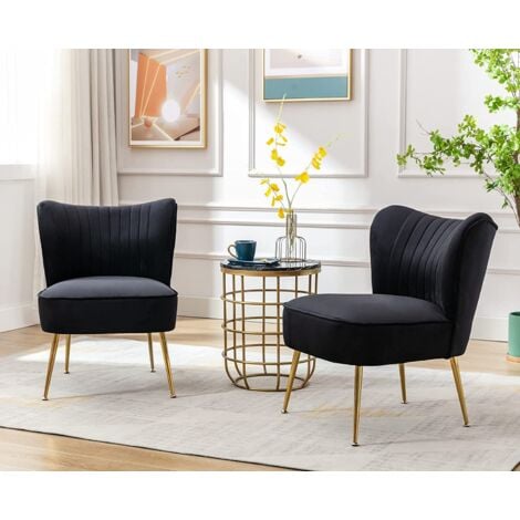 Accent Chair Set of 2 in Velvet Upholstered Occasional Tub Chair Armless Wingback Cocktail Chair with Metal Legs for Home Living Room Bedroom, Black, Wahson