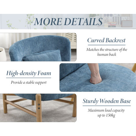 Modern Accent Chair in Chenille Occasional Side Chair Upholstered with Wood Legs Cocktail Chair for Bedroom Living Room, Blue, Wahson
