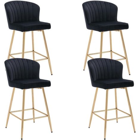 Bar Stools Set of 4 in Velvet Modern Counter Chairs with Shell Designed Backrest for Home Bar Restaurant, Black, Wahson