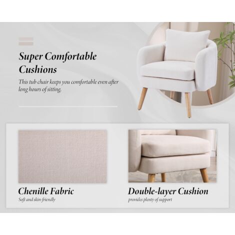 Armchair in Chenille Upholstered Accent Chair Comfortable Occasional Chair Thick Padded with Wood Legs for Bedroom Living Room, Beige, Wahson