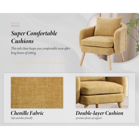 Armchair in Chenille Upholstered Accent Chair Thick Padded Comfortable Occasional Chair for Bedroom Living Room, Yellow, Wahson