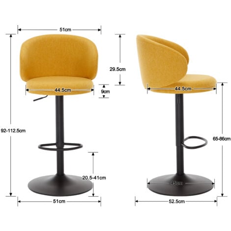 Bar Stools Set of 2 in Linen Padded Counter Chairs with Curved Backrest Modern Swivel Stools Height Adjustable for Home Pub, Yellow, Wahson