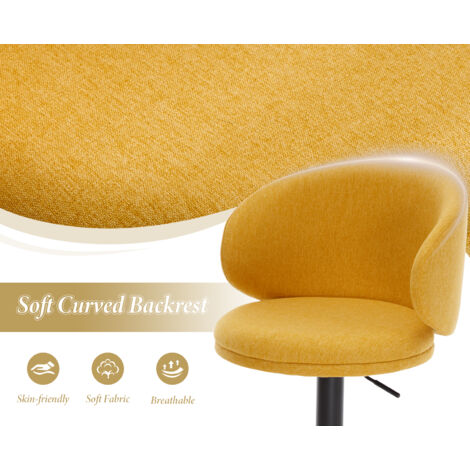 Bar Stools Set of 2 in Linen Padded Counter Chairs with Curved Backrest Modern Swivel Stools Height Adjustable for Home Pub, Yellow, Wahson