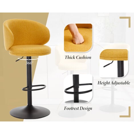 Bar Stools Set of 2 in Linen Padded Counter Chairs with Curved Backrest Modern Swivel Stools Height Adjustable for Home Pub, Yellow, Wahson