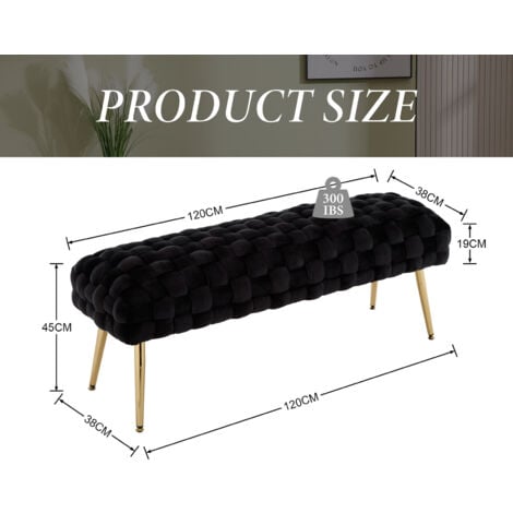 Modern Ottoman Bench in Velvet Bed End Stool Upholstered Bench with Golden Metal Legs Window Seat for Entryway Living Room Bedroom, Black