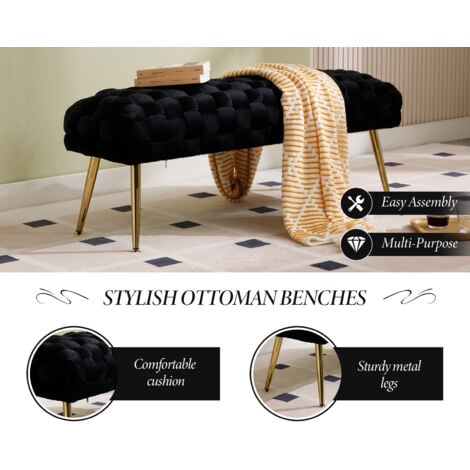 Modern Ottoman Bench in Velvet Bed End Stool Upholstered Bench with Golden Metal Legs Window Seat for Entryway Living Room Bedroom, Black
