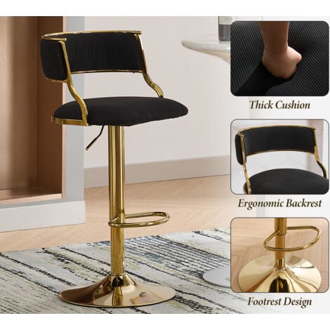 Bar Stools Set of 2 in Velvet Padded Counter Chairs with Curved Chic Hollow Backrest Stools for Kitchen Home Pub Restaurant, Black, Wahson