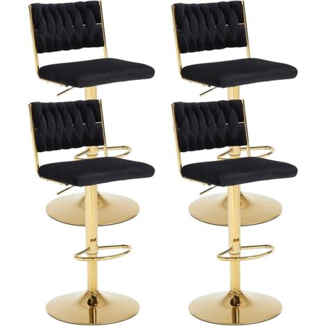 Bar Stools Set of 4 in Velvet Knitted Backrest Modern Counter Chairs Height Adjustable for Kitchen Home Bar Restaurant, Black, Chairus
