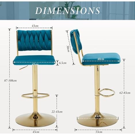Bar Stools Set of 2 in Velvet Knitted Backrest Modern Counter Chairs Height Adjustable for Kitchen Home Bar Restaurant, Teal, Chairus