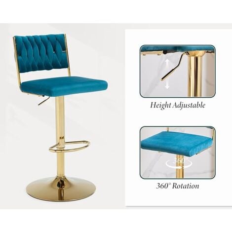 Bar Stools Set of 2 in Velvet Knitted Backrest Modern Counter Chairs Height Adjustable for Kitchen Home Bar Restaurant, Teal, Chairus