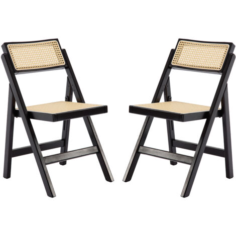 Wahson Dining Chairs 2Pcs in Rattan Backrest Foldable Chairs with Wood Frame Rustic Leisure Chairs for Kitchen Living Room, Black
