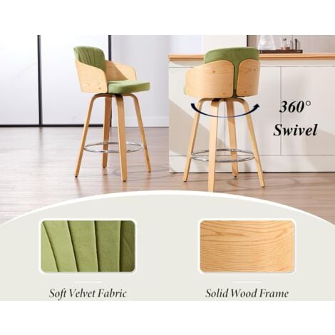 Bar Stools 2Pcs in Velvet Upholstered Swivel Kitchen Counter Chairs with Footrest for Home Pub Restaurant, Green, Chairus