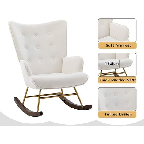 Velvet Rocking Chair Wingback Armchair for Living Room Beige