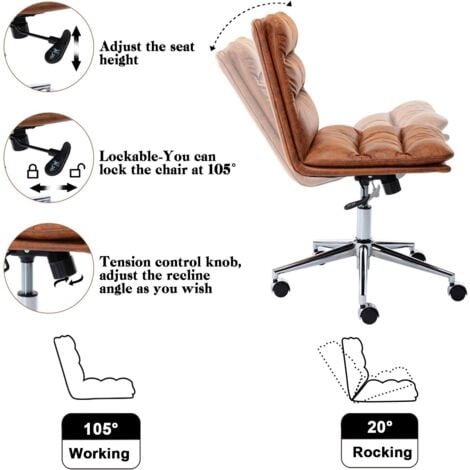 Desk Chair in PU Leather Swivel Computer Chair Armless Office Chair Height Adjustable for Home Office, Brown, Wahson