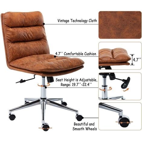 Desk Chair in PU Leather Swivel Computer Chair Armless Office Chair Height Adjustable for Home Office, Brown, Wahson