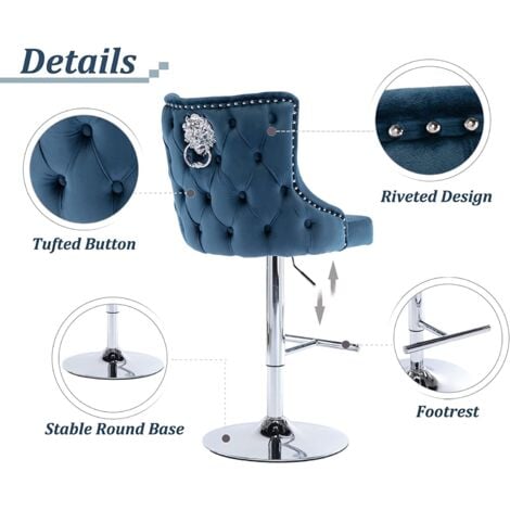 Bar Stools Set of 2 Velvet Breakfast Counter Chairs Height Adjustable Counter High Stools for Home Bar Kitchen Restaurant, Blue, Wahson