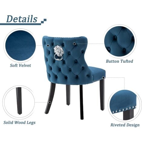 Dining Chairs Set of 2 Velvet Kitchen Leisure Corner Chairs Upholstered with Solid Wood Legs for Home Dining Living Room, Blue, Wahson