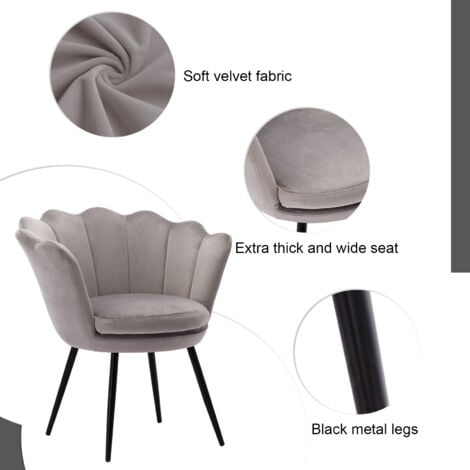 Accent Chair in Velvet Modern Vanity Armchair with Unique Petal Backrest Tub Chair for Home Bedroom Living Room, Grey, Wahson