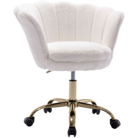 Modern Office Chair in Faux Fur Swivel Desk Chair with Petal Backrest Height Adjustable Task Chair for Home Office, White, Wahson