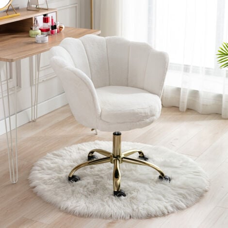 Modern Office Chair in Faux Fur Swivel Desk Chair with Petal Backrest Height Adjustable Task Chair for Home Office, White, Wahson