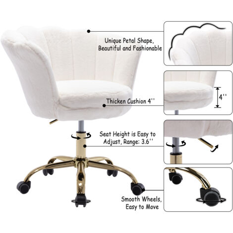 Modern Office Chair in Faux Fur Swivel Desk Chair with Petal Backrest Height Adjustable Task Chair for Home Office, White, Wahson