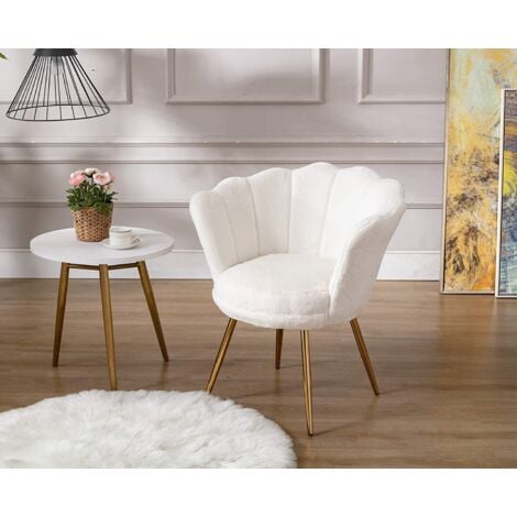 Accent Chair in Faux Fur Modern Vanity Armchair with Unique Petal Backrest Tub Chair for Home Bedroom Living Room, White, Wahson