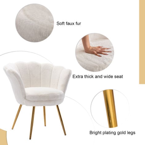 Accent Chair in Faux Fur Modern Vanity Armchair with Unique Petal Backrest Tub Chair for Home Bedroom Living Room, White, Wahson