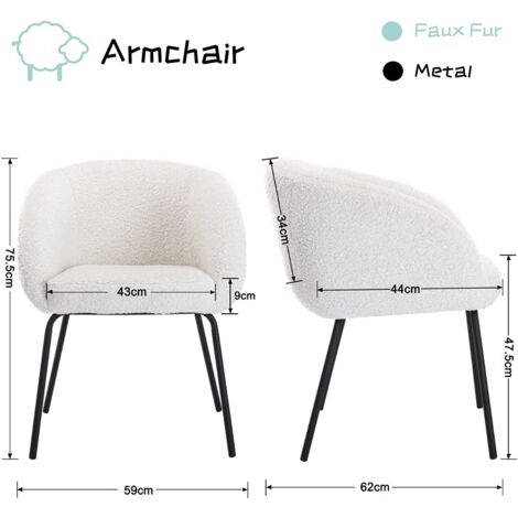 Armchair in Faux Fur Modern Wingback Occasional Tub Chair with Metal Legs Vanity Chair for Bedroom Living Room, White, Washon