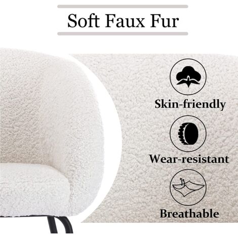Armchair in Faux Fur Modern Wingback Occasional Tub Chair with Metal Legs Vanity Chair for Bedroom Living Room, White, Washon