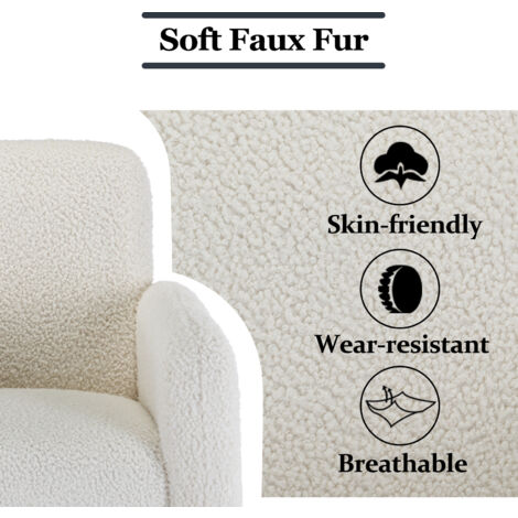 Modern Accent Chair in Faux Fur Lounge Tub Armchair Upholstered Single Sofa Occasional Leisure Chair for Bedroom Living Room, White, Wahson