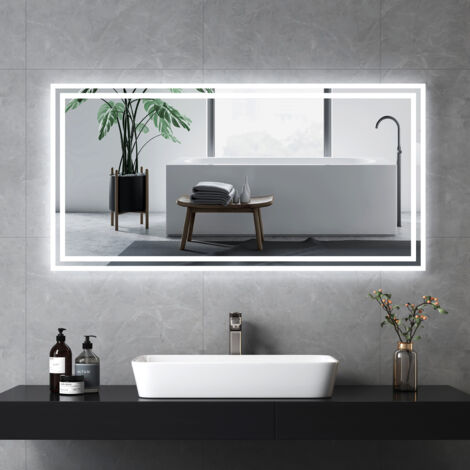 EMKE Espejo de baño con interruptor pulsador, antivaho, luz blanca fría/cálida 120x60 cm