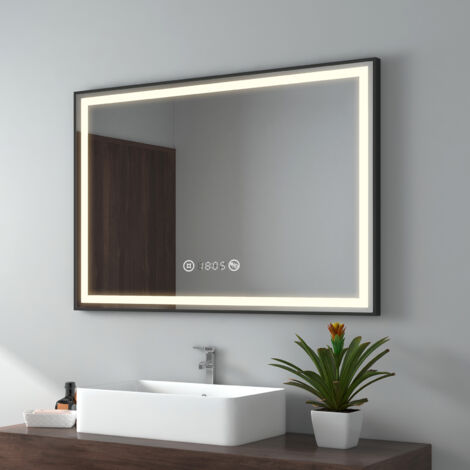 EMKE Espejo de baño LED marco negro con interruptor táctil, antivaho, reloj, temperatura, regulable, función de memoria, luz neutra, 100x70cm