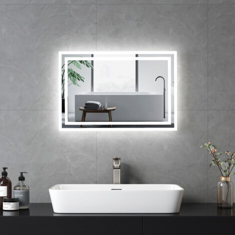 EMKE Espejo de baño con interruptor pulsador, antivaho, luz blanca fría/cálida  60x40 cm