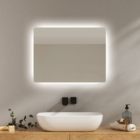 EMKE Espejo de baño retroiluminado con interruptor pulsador, antivaho, dos colores de luz 60x45 cm luz blanca fría/cálida