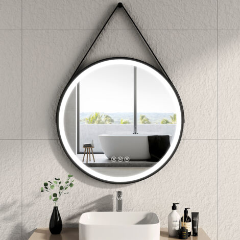 EMKE Espejos de baño con luz, marco negro y correa ajustable, interruptor táctil antivaho regulable - diámetro 80 cm, luz blanca fría/cálida/neutra