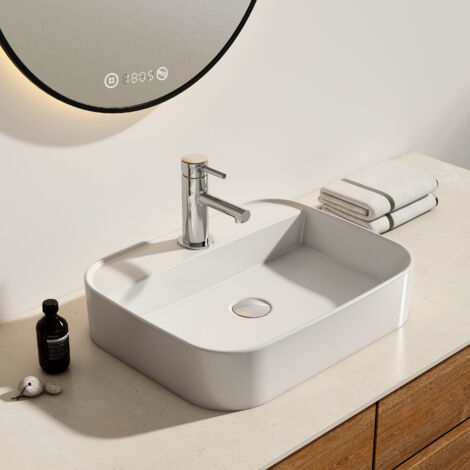 EMKE Lavabo de encimera de cerámica, rectangular, arco, blanco brillante - 50 x 40 x 11 cm