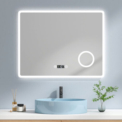 EMKE Espejo de Baño con luz, Espejo Baño LED con 3X Lupa, espejo de baño de gran tamaño, IP44 Ahorro de energía, 90 x 70 cm Luz blanca fría + Interruptor tactil + Antivaho + Reloj