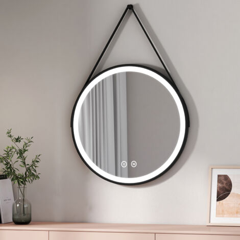 EMKE Espejo de Baño con Luz, Espejo Baño Redondo Marco Negro con Interruptor tactil + Función de Memoria + Bandolera Ajustable Espejo Pared, Diámetro 70 cm Luz blanca fría Luz cálida Luz neutra