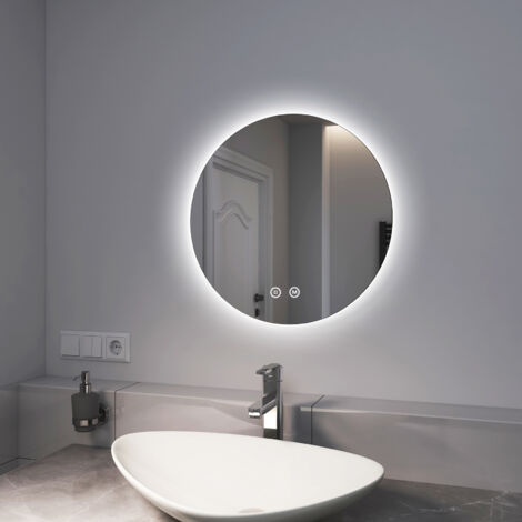 EMKE Espejo de Baño Redondo con Luz, Espejo de baño LED retroiluminado con Interruptor tactil + Función de Memoria, 50 cm Diámetro Luz blanca fría Luz cálida Luz neutra