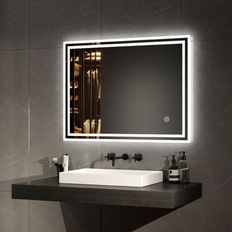 EMKE Espejo de baño con luz, Espejo de baño con diseño de tira de luz doble, 80 x 60 cm Luz Blanca Fria 6500K + Interruptor Táctil + Antivaho
